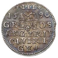 trojak 1590, Ryga, duża głowa króla, Iger R.90.2.b (R2), Gerbaszewski 11, rzadki, patyna