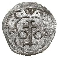denar 1589, Wschowa, Aw: Tarcza herbowa Wschowy, powyżej litery C W F, po bokach tarczy data 15 - ..