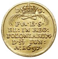 dukat koronacyjny 1697, Drezno, Aw: Król na koniu, Rw: Napisy, złoto 3.46 g, Kahnt 241, Merseb. 13..