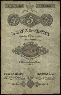 5 złotych 1830, podpis dyrektora banku B. Niepokoyczycki, seria 203, numeracja 6063543, Lucow 125 ..