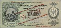 10.000.000 marek polskich 20.11.1923, po obu stronach ukośny czerwony nadruk WZÓR i dwukrotnie poz..