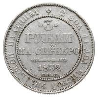 3 ruble 1832 СПБ, Petersburg, platyna 10.24 g, Bitkin 78 (R), na rewersie udzkodzenia w tle, rzadkie