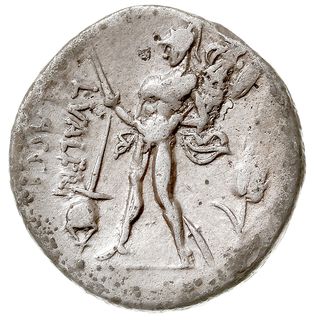 denar, Rzym, Aw: Głowa Wiktorii w prawo, Rw: Mars kroczący w lewo, trzymający włócznię i trofeum, przed nim miecz z kaduceuszem, za nim kłos zboża, po lewej L VALERI FLACCI, srebro 3.68 g, Craw. 306/1, Syd. 565, niewielkie ślady korozji, lekko niecentryczne
