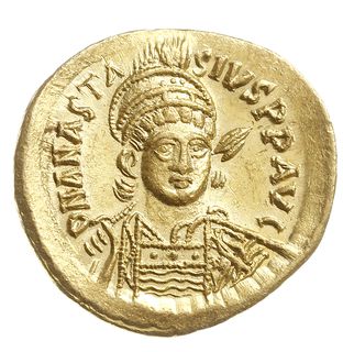solidus 492-507, Konstantynopol, Aw: Popiersie cesarza na wprost, Rw: Anioł z krzyżem stojący w lewo, oficyna H, złoto 4.50 g, DOC 3g, MIB 4a, Sear 3, piękny