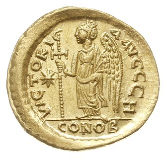 solidus 492-507, Konstantynopol, Aw: Popiersie cesarza na wprost, Rw: Anioł z krzyżem stojący w lewo, oficyna H, złoto 4.50 g, DOC 3g, MIB 4a, Sear 3, piękny