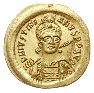 solidus, 527-537, Konstantynopol, Aw: Popiersie cesarza na wprost, Rw: Anioł z krzyżem i globem na wprost, oficyna Θ, złoto 4.51 g, DOC 3h, MIB 5, Sear 137, piękny