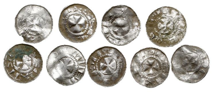 Saksonia, zestaw denarów krzyżowych i naśladownictw, Krzyż prosty z kółkami / Krzyż patriarchalny, CNP typ VI, Str. 23, razem 9 sztuk