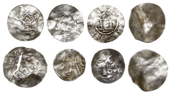 zestaw denarów z XI w. lub naśladownictw, m.in. Arcybiskupstwo Kolońskie i Saksonia, część sztuk nieczytelna lub obłamana, razem 8 sztuk