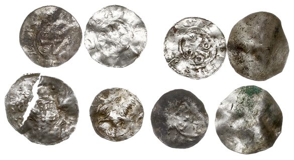 zestaw denarów z XI w. lub naśladownictw, m.in. Arcybiskupstwo Kolońskie i Saksonia, część sztuk nieczytelna lub obłamana, razem 8 sztuk