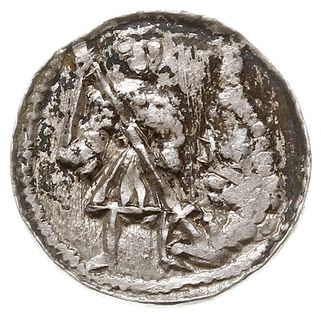 denar, Aw: Rycerz przebijający włócznią smoka, Rw: Krzyż patriarchalny, w polach gwiazdy, srebro 0.44 g, Str. 39, Such. XIV, patyna