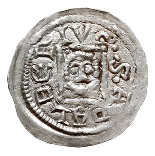 denar, 1146-1157, Aw: Książę z mieczem na tronie, BOLEZLAVS, Rw: Głowa w prostokątnej ramce, S ADALBERTVS, srebro 0.53 g, Str. 51, Such. XIX/1
