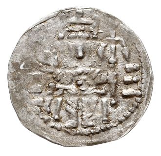 denar, 1157-1173, Aw: Książę siedzący na tronie na wprost, Rw: Napis BOL/SZL/AVS w trzech liniach, srebro 0.44 g, Str. 55, Such. XX/2, rzadki