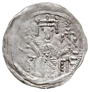 denar, 1157-1173, Aw: Książę siedzący na tronie na wprost Rw: Napis BOL/EZL/AVS w trzech liniach, srebro 0.41 g, Str. 55, Such. XX/2, rzadki