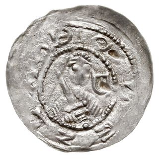 denar, 1157-1166, Aw: Popiersie z mieczem, Rw: Trzej książęta za stołem, srebro 0.36 g, Str. 58, Such. XXI, rzadki