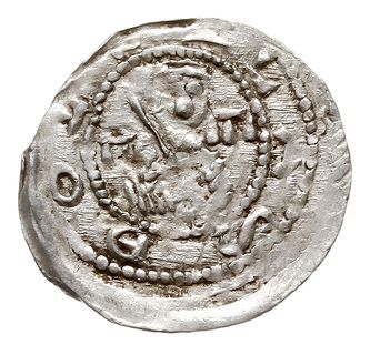 denar, 1157-1173, Aw: Popiersie z mieczem, Rw: Trzej książęta za stołem, srebro 0.35 g, Str. 58, Such. XXI, rzadki