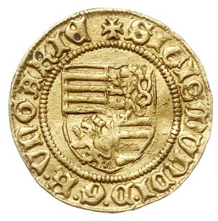 goldgulden (1411), Buda, Aw: Tarcza herbowa, Rw: Św. Ładysław, po bokach O i K z krzyżem, złoto 3.51 g, Huszár 573, Lengyel 18/4, Pohl D2-9
