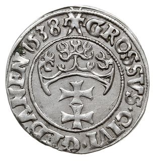 grosz 1538, Gdańsk, na awersie końcówka napisu PRVS i grube krzyże w herbie Gdańska