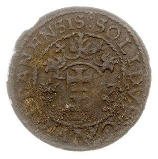 szeląg oblężniczy 1577, Gdańsk, moneta wybita w czasie gdy zarządcą mennicy był K. Goebl, T. 3, rzadki i jak na ten typ monety dość ładny egzemplarz