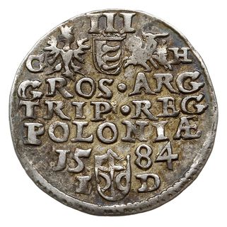 trojak 1584, Olkusz, odmiana z literami G - H po bokach Orła i Pogoni, Iger O.84.2.- (R2), ale inna odmiana napisu (PO zamiast POL) i typowe popiersie dla monety z półlewkiem, bardzo rzadki, patyna
