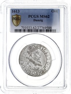 ort 1613, Gdansk, Shatalin/Dienisienko/Pyadyshev nr 274 typ 1.a (R2), moneta w pudełku PCGS z certyfikatem MS62, bardzo ładny
