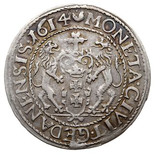 ort 1614, Gdańsk, odmiana z dużą cyfrą 4 w dacie, Shatalin/Dienisienko/Pyadyshev nr 275 typ 1.a (R2), moneta wybita nieco uszkodzonym stemplem, patyna