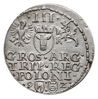 trojak 1592, Olkusz, znak Topór mincerza Kaspra Rytkiera na rewersie, Iger O.92.7.a (R5), T. 20, moneta wytworzona techniką walcową, bardzo rzadka, ładny egzemplarz