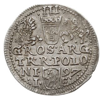 trojak 1597, Olkusz, Iger O.97.1.b/-, obok Orła i Pogoni niespotykany na trojakach znak dwulistek, bardzo rzadki