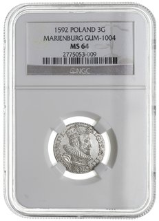 trojak 1592, Malbork, Iger M.92.1.a, moneta w pudełku NGC z certyfikatem MS64, wyśmienity egzemplarz