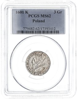 trojak 1601, Kraków, popiersie króla w lewo, Iger K.01.1.a (R1), moneta w pudełku PCGS z certyfikatem MS 62, patyna