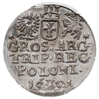 trojak 1601, Kraków, popiersie króla w prawo, Iger K.01.2.a (R1), moneta w pudełku PCGS z certyfikatem MS 63, patyna