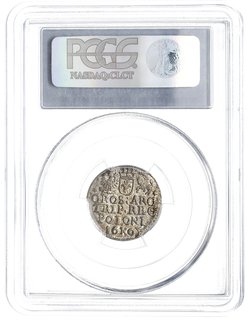trojak 1605, Kraków, Iger K.05.1.b. (R1), moneta w pudełku PCGS z certyfikatem MS 62, bardzo ładnie zachowany