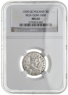 trojak 1590, Ryga, Iger R.90.1.b, Gerbaszewski 7, moneta w pudełku NGC z certyfikatem MS63, wyśmienity egzemplarz