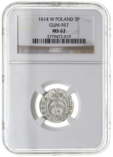półtorak 1614, Bydgoszcz, Orzeł na awersie, poniżej cyfra 3, T. 4, moneta w pudełku NGC z certyfikatem MS62, piękny egzemplarz, ale pięknięty krążek, rzadki