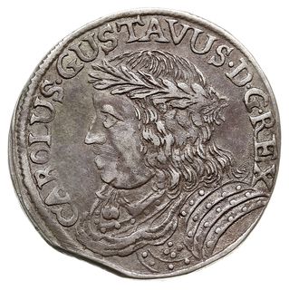 ort bez daty (1656), Toruń, Gustaw Adolf - okupacja szwedzka, na awersie napis CAROLUS GUSTAVUS D G REX, AAJ 1, moneta wybita z końca blachy, patyna