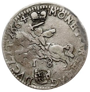 ort 1664, Wilno, odmiana bez obwódki po obu stronach monety, Ivanauskas 8JK6-1, T. 8, mennicze wady bicia charakterystyczne dla tego typu, rzadki