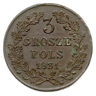 3 grosze polskie 1831, Warszawa, zgięte łapy Orła, Iger PL.31.2.a (R4), Plage 283 (R2), rzadkie i ładne, patyna