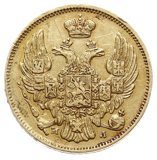 3 ruble = 20 złotych 1835 СПБ ПД, Petersburg, złoto 3.88 g, Plage 301, Bitkin 1076 (R), drobne rysy w tle, patyna
