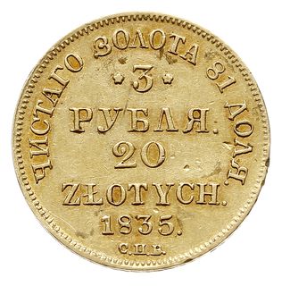 3 ruble = 20 złotych 1835 СПБ ПД, Petersburg, złoto 3.88 g, Plage 301, Bitkin 1076 (R), drobne rysy w tle, patyna