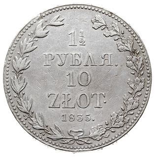 1 1/2 rubla = 10 złotych 1835, Warszawa, Plage 320, Bitkin 1131 (R), na rewersie minimalny defekt krążka, rzadkie