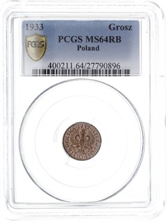 1 grosz 1933, Warszawa, Parchimowicz 101.h, moneta w pudełku PCGS z certyfikatem MS64RB, piękny, delikatna patyna