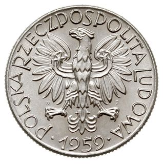 5 złotych 1959, Warszawa, symbole przemysłu”, na rewersie wypukły napis PRÓBA, nikiel, Parchimowicz P 229.b, wybito 500 sztuk, rzadkie
