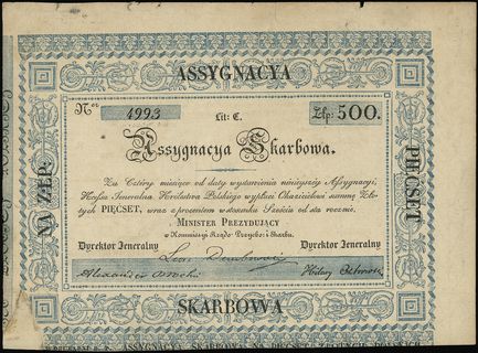 asygnata skarbowa na 500 złotych 1831, numeracja 4993, Lucow 197 (R4), Moczydłowski PL3 (R), ubytek podlepiony, rzadkie