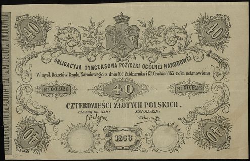 obligacja tymczasowa pożyczki ogólnej narodowej na 40 złotych polskich 1863, numeracja 00,926, dwie suche pieczęcie, Lucow 222 (R6), Moczydłowski S20 (R), bardzo rzadkie