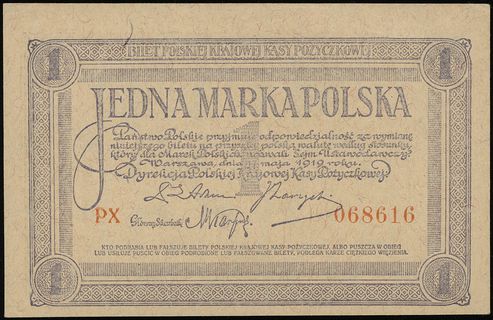 1 marka polska 17.05.1919, seria PX 068616, Lucow 324 (R1), Miłczak 19a, pięknie zachowana