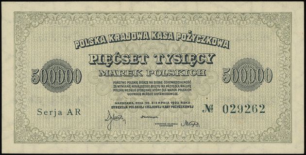 500.000 marek polskich 30.08.1923, seria AR, numeracja 029262, Lucow 449 (R4) - ilustrowane w katalogu kolekcji, Miłczak 36d