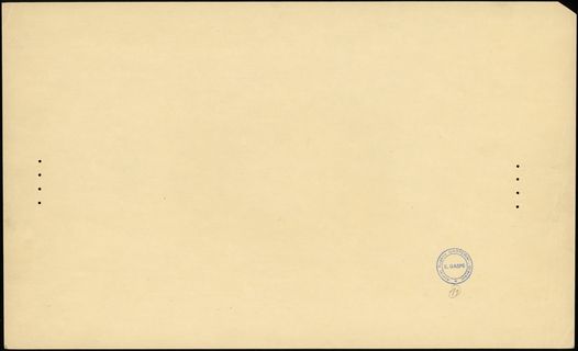 próbny druk kolorystyczny strony głównej banknotu 50 złotych emisji 28.08.1925, bez oznaczenia serii i numeracji, bez podpisów dyrektora i prezesa banku, papier bez znaku wodnego z szerokimi marginesami, na lewym i prawym marginesie perforacja po cztery dziurki, na odwrocie okrągła pieczęć E.GASPE / Atelier Eugène GASPERINI - Graveur” i numeracja 11”, Lucow 614a - dołączony do kolekcji po wydrukowaniu katalogu, Miłczak - patrz 62, parę niewielkich załamań na marginesach, ale pięknie zachowane, egzemplarz z aukcji WCN 47/199