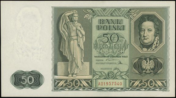 50 złotych 11.11.1936, seria AD 1957540, Lucow 689 (R7), Miłczak 77a, bardzo rzadkie, szczególnie tak pięknie zachowane, jeden z najrzadszych banknotów II Rzeczypospolitej Polskiej
