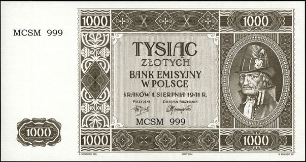 współczesna odbitka offsetowa niewprowadzonego do obiegu banknotu 1.000 złotych 1.08.1941, z oznaczeniem serii i numeracji jako MCSM 999, papier ze znakiem wodnym prążkowanym, Lucow 825 (R4), Miłczak 103Aa, rzadkie, niski nakład, egzemplarz z aukcji WCN 51/873