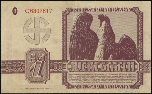 Kriegswinterhilfswerk, bon na 1 markę 1940 z pieczęcią Gau Schlesien / Kreis Bielitz”, seria C 6802617, Lucow - nie notuje, bardzo rzadkie