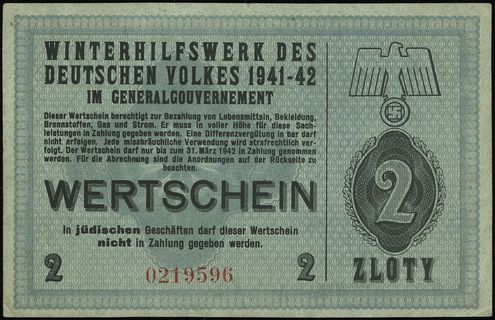 Winterhilfswerk, 2 złote 1941/1942, numeracja 0219596, wystawione na Aab Andreas, Kidatowice 121”, Lucow - nie notuje (podobny do 889, ale inna data), bardzo rzadkie i pięknie zachowane